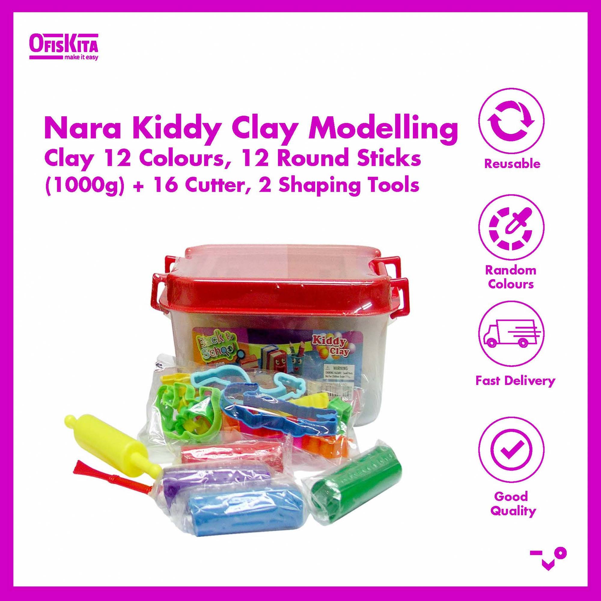 Nara Kiddy Clay Modelling Clay 12 Colours, 12 Round Sticks (1000g) + 16